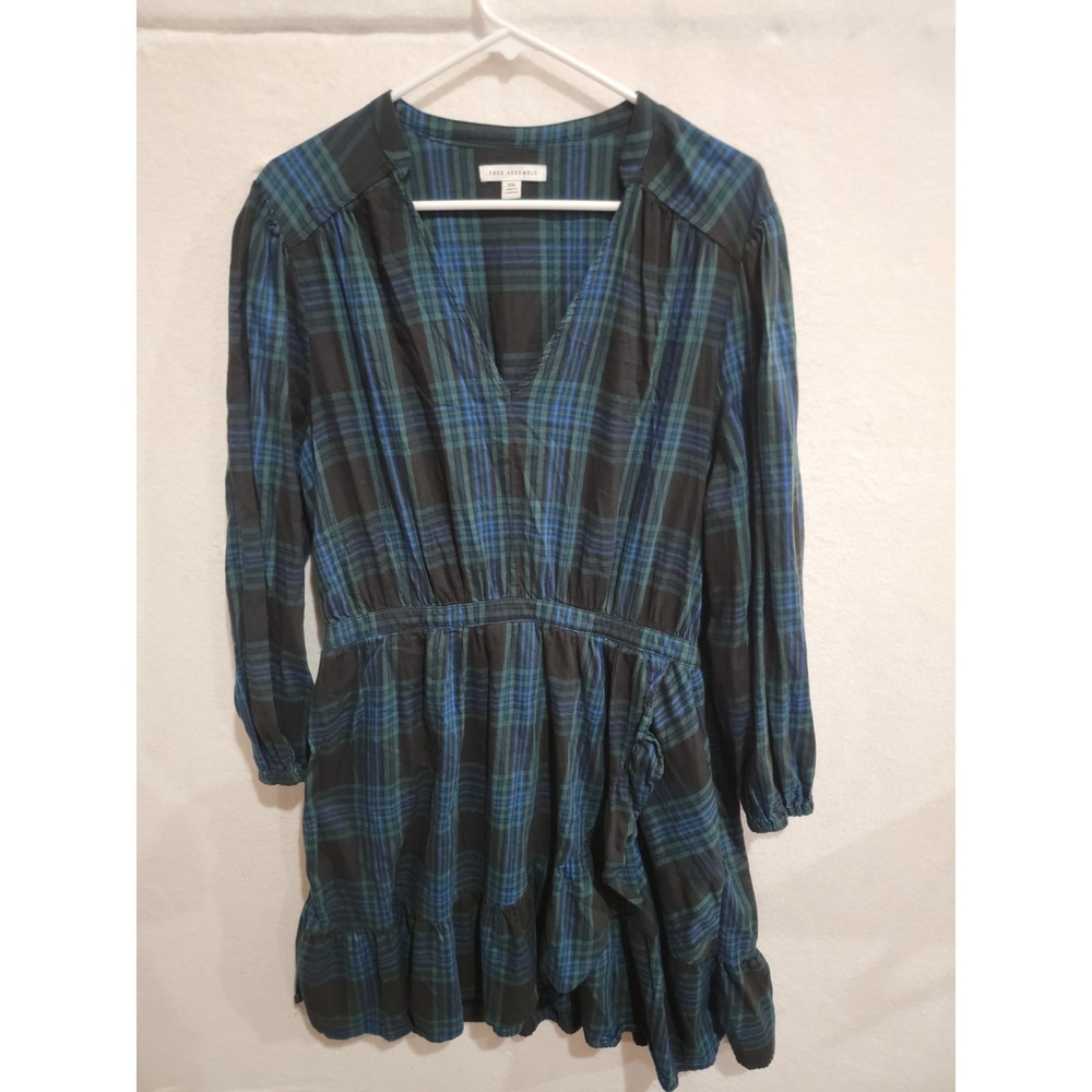 Free Assembly Women's XXL Plaid V-Neck Ruffle Mini Dress‎ Blue Black Pockets